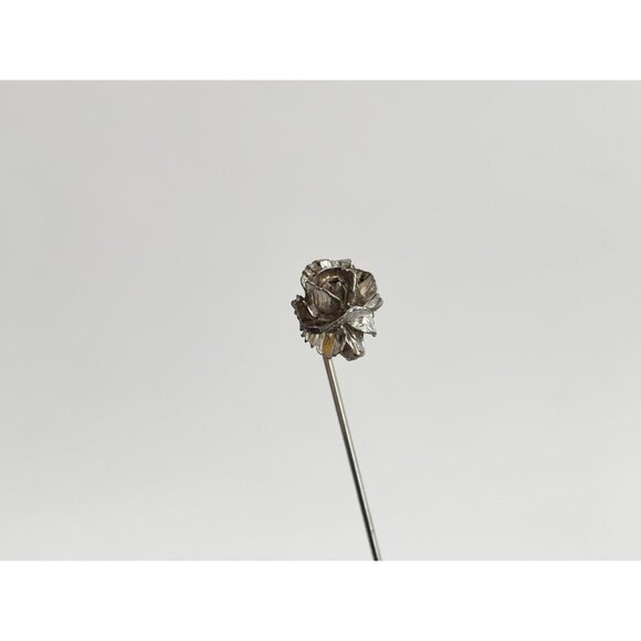 Petaled Rose Floral Faux Pearl Silver T Vintage Stick Pin | Hat Pin | Lapel Pin - Picture 2 of 9